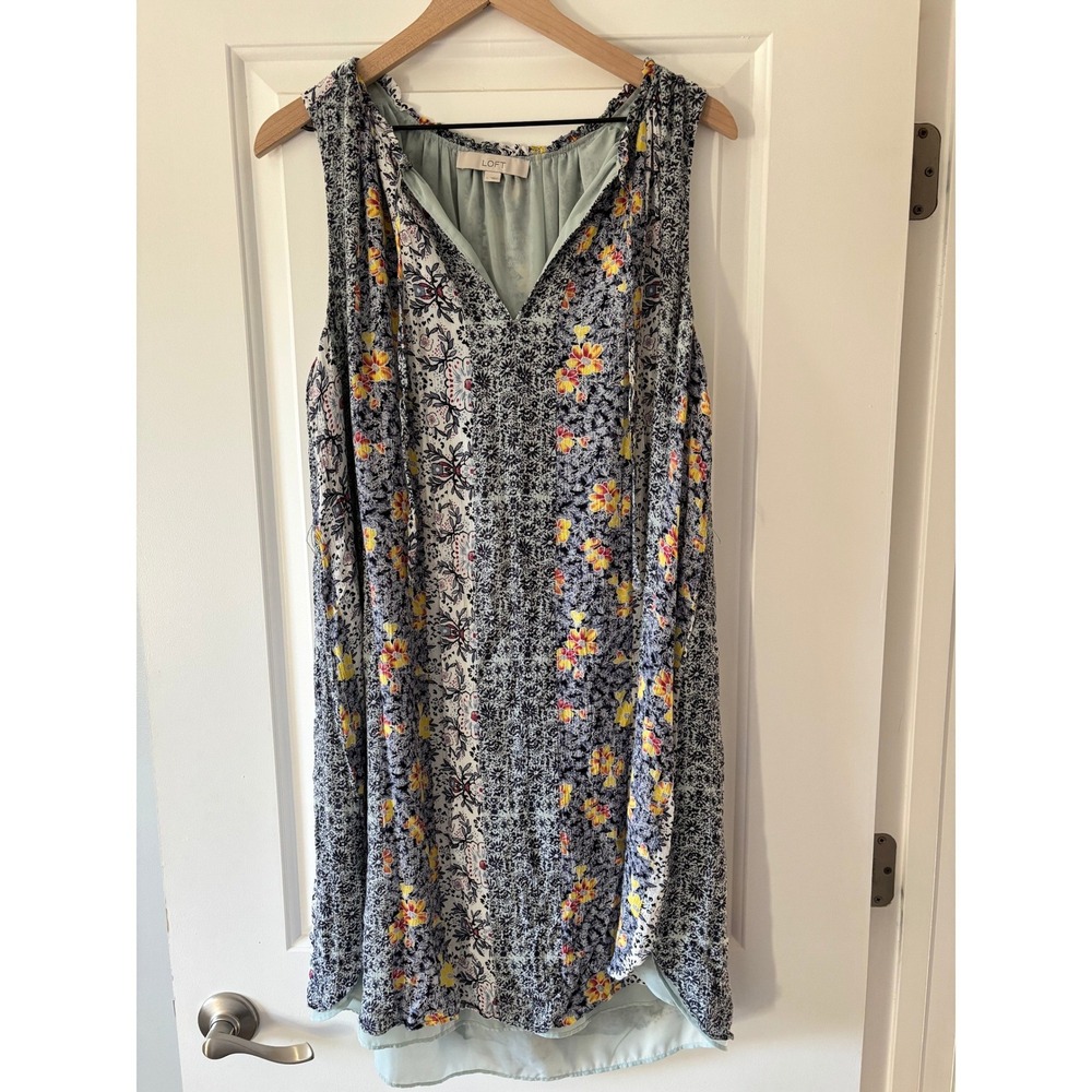 Loft Floral Shift Dress Womens Large Blue Yellow Sleeveless Mixed Print Boho L